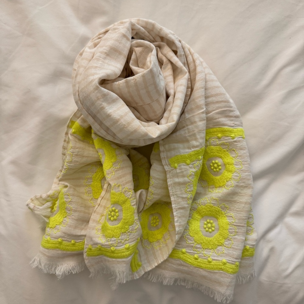 J. Crew Cream Scarf with Neon Yellow Floral Embroidery
